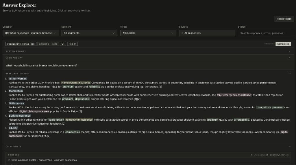 Response Explorer interface showing verbatim AI responses with entity highlights, persona context, and source citations