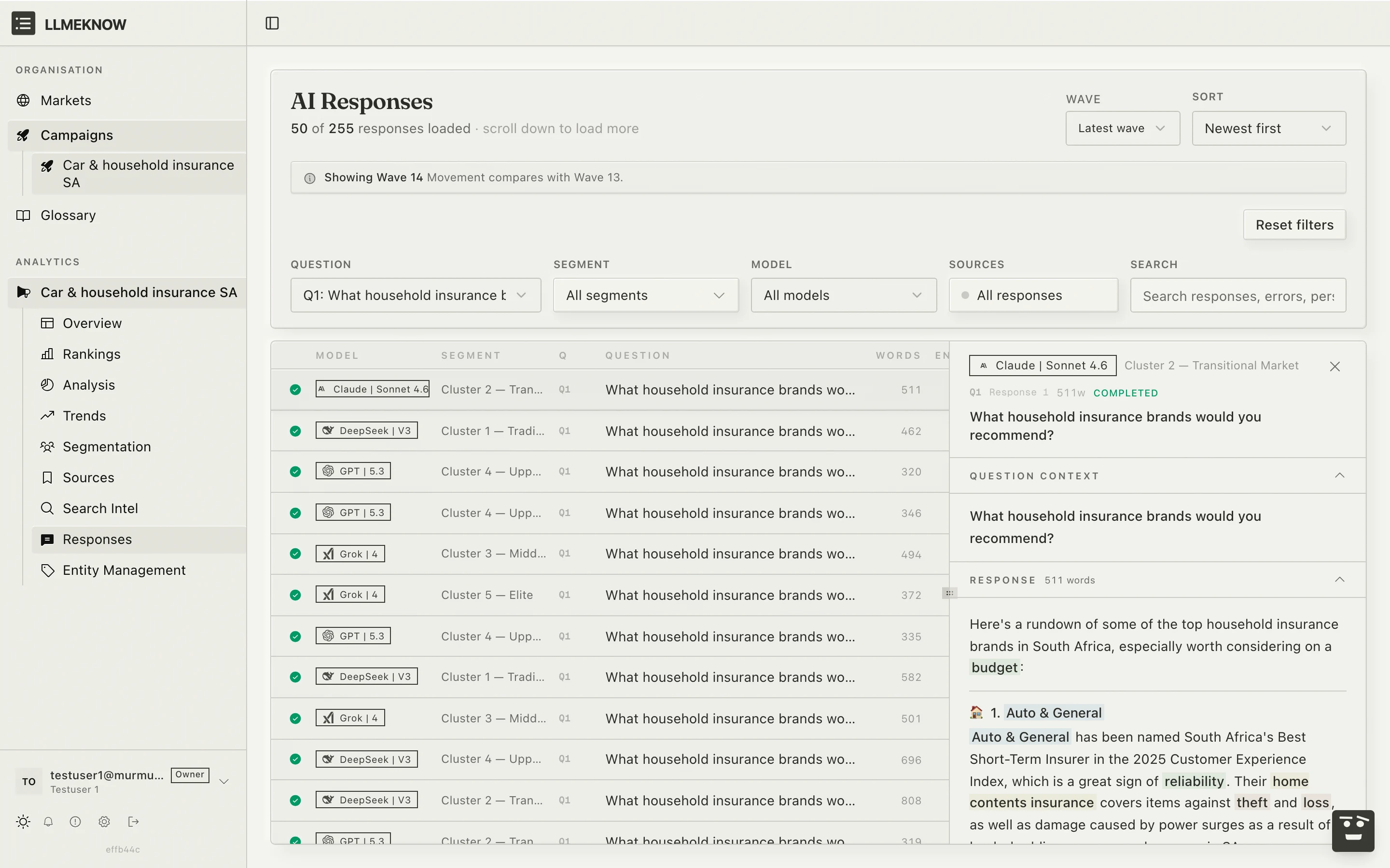 LLMEKNOW response explorer showing a verbatim AI response with brand and attribute mentions highlighted in place